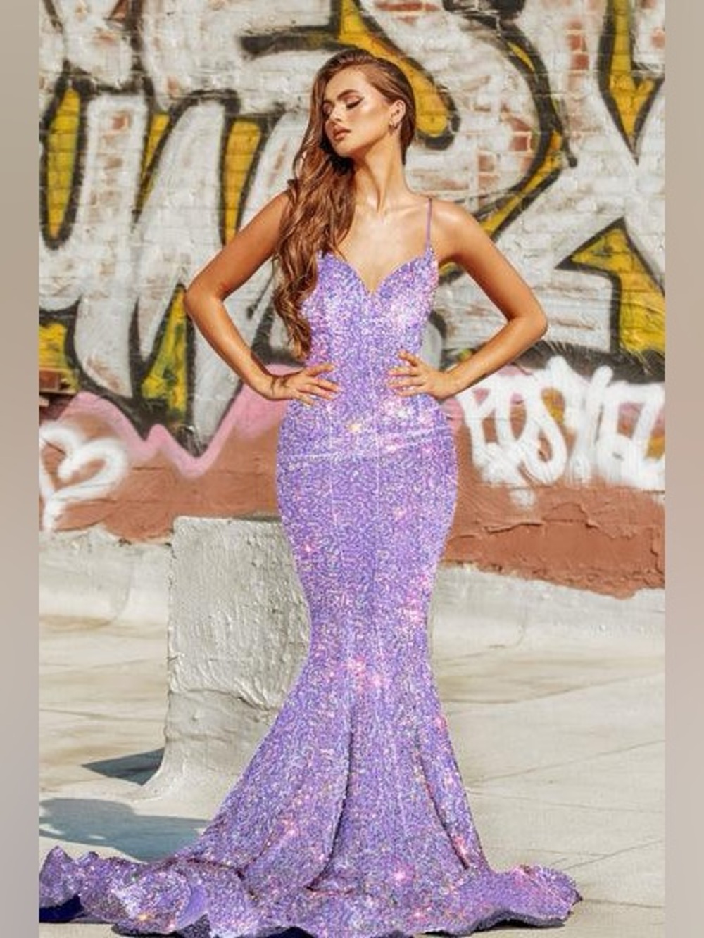 Portia and Scarlett Lavender Sequin Mermaid Gown
